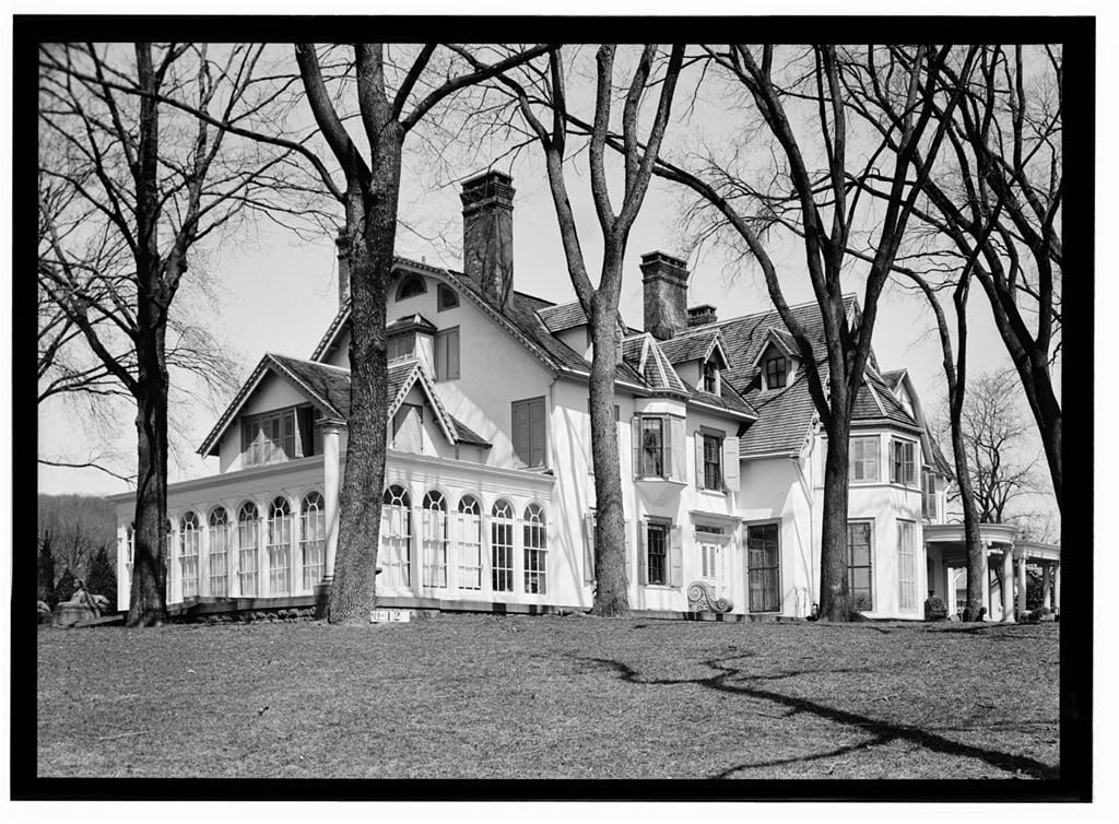 HABS NJ-12-A exterior view of Ringwood Manor from the west, the 51-room Cooper-Hewitt mansion in Ringwood, Passaic County, New Jersey, photographed by R. Merritt Lacey on April 12, 1937.