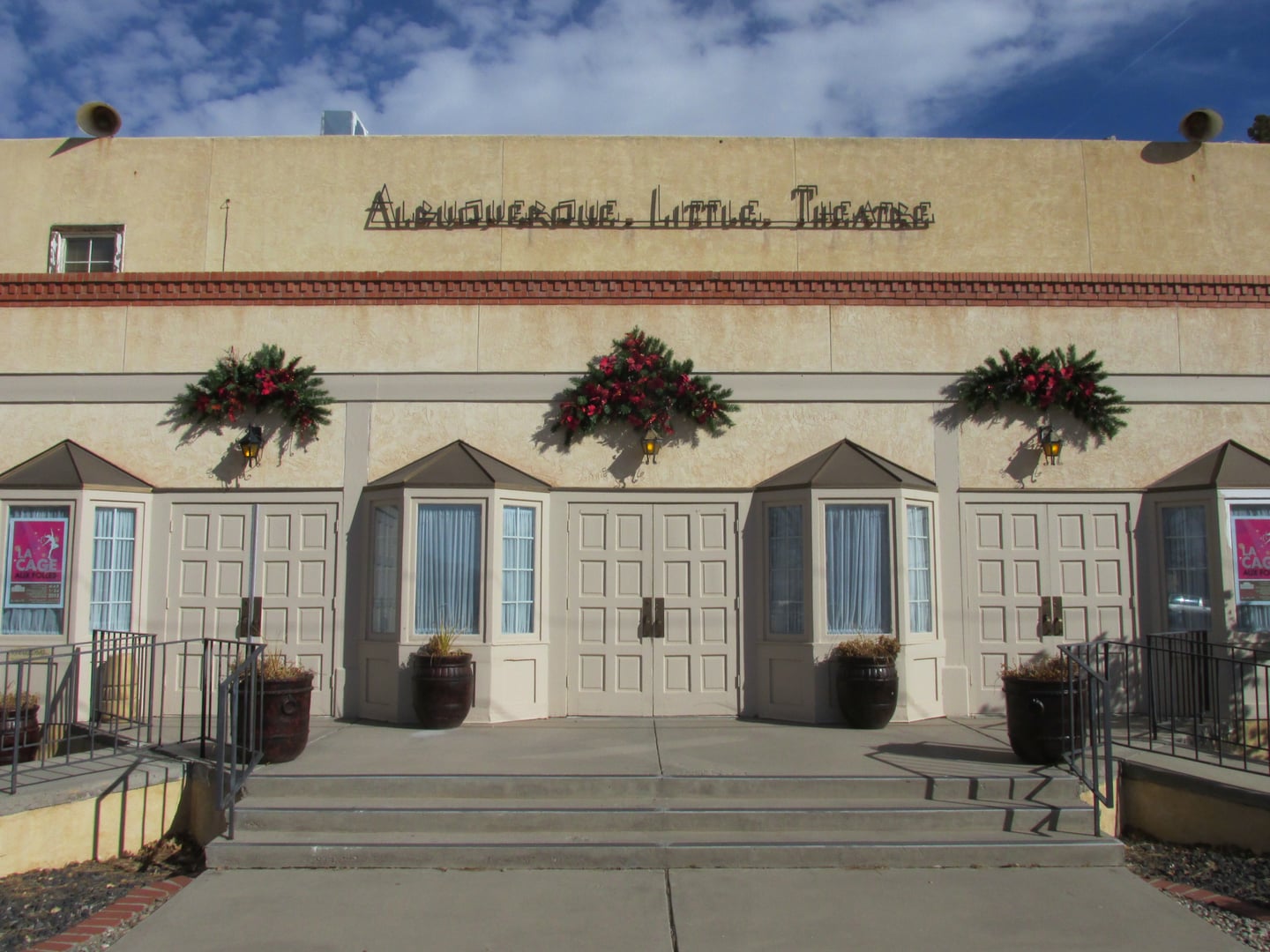 Pueblo Revival WPA-built facade of the 1936 Albuquerque Little Theatre at 224 San Pasquale Avenue SW, designed by John Gaw Meem in Albuquerque, New Mexico.
