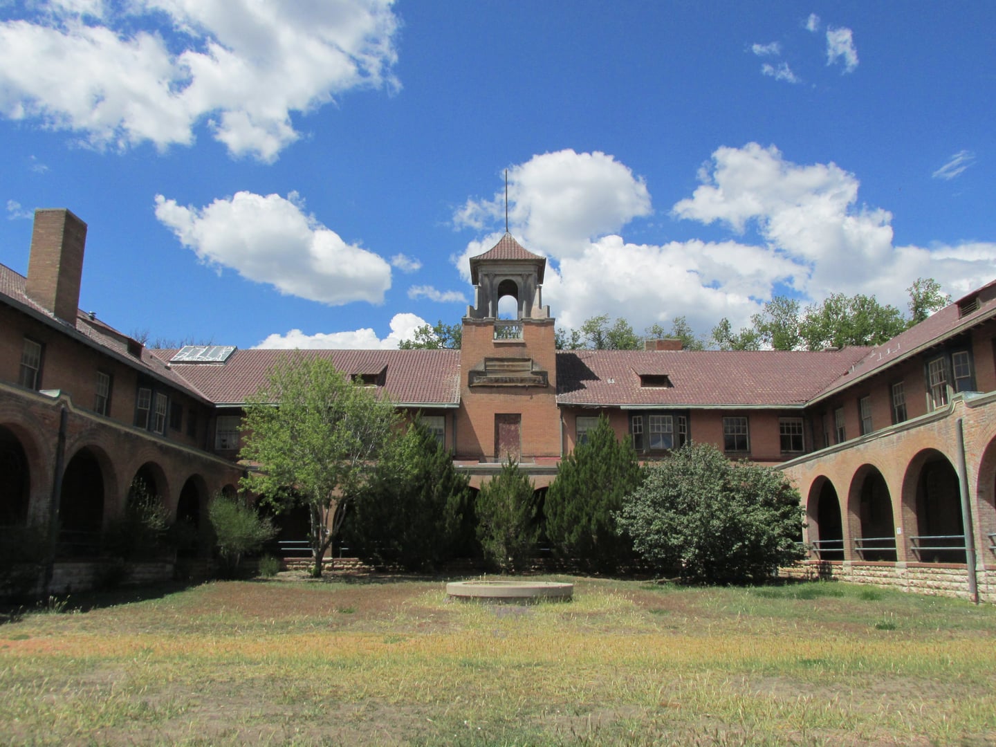 Exterior of the restored 1898 Mission Revival Castaneda Hotel in Las Vegas, New Mexico