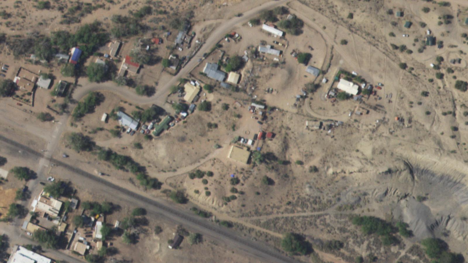 Aerial survey view of Cerrillos and the Cerrillos General Store