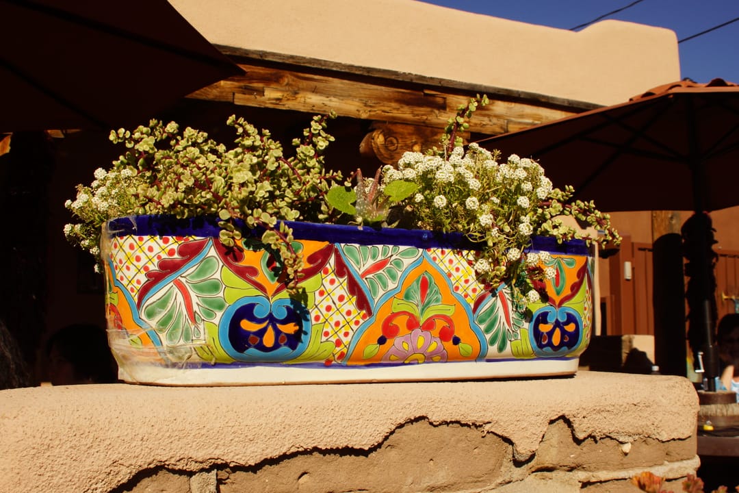 Adobe facade of the Casa de Ruiz, which houses Church Street Cafe at 2111 Church Street NW in Old Town Albuquerque, New Mexico.