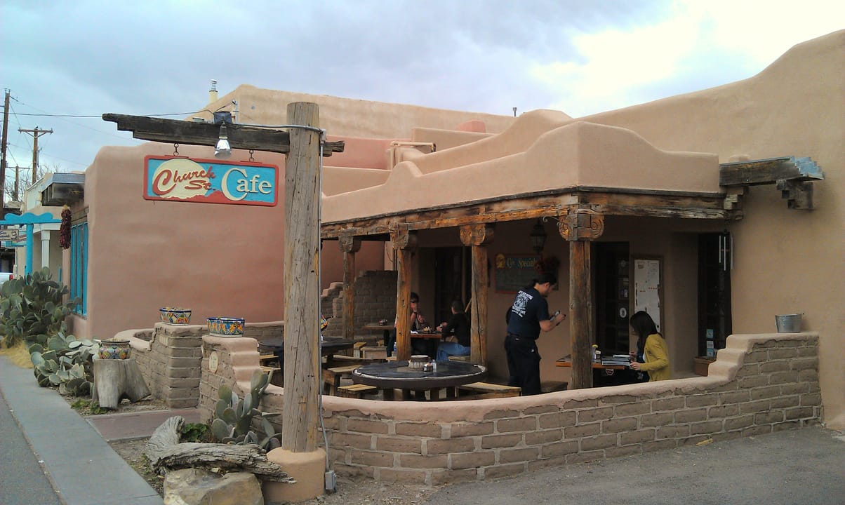 Church Street Cafe's adobe exterior and shaded portal on Church Street, Old Town Albuquerque, with the cafe's sign over the entrance, 2013.