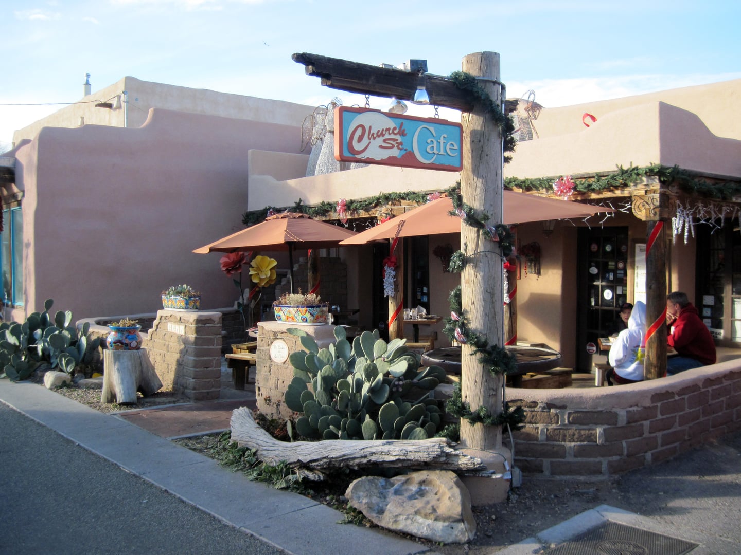 Adobe facade of the Casa de Ruiz, which houses Church Street Cafe at 2111 Church Street NW in Old Town Albuquerque, New Mexico.
