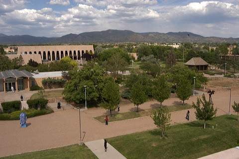 Exterior of the former College of Santa Fe campus, built on the WWII Bruns General Hospital site in Santa Fe, New Mexico.