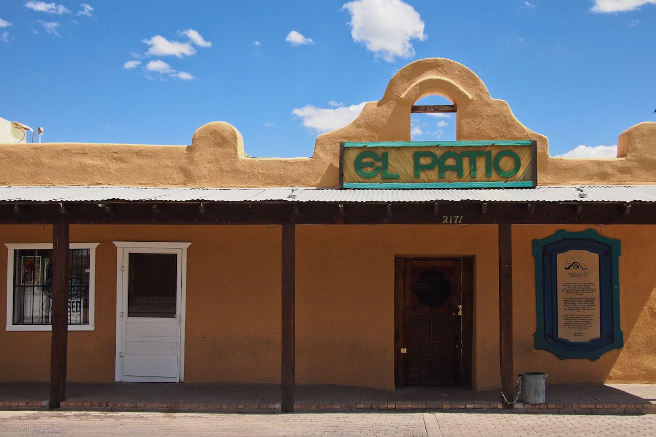 Exterior storefront of El Patio Bar on Calle de Parian, a longtime adobe cantina on the historic Mesilla Plaza in Mesilla, New Mexico