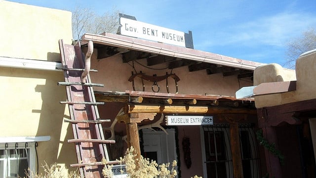 The single-story adobe Governor Bent House and Museum on Bent Street in Taos, New Mexico