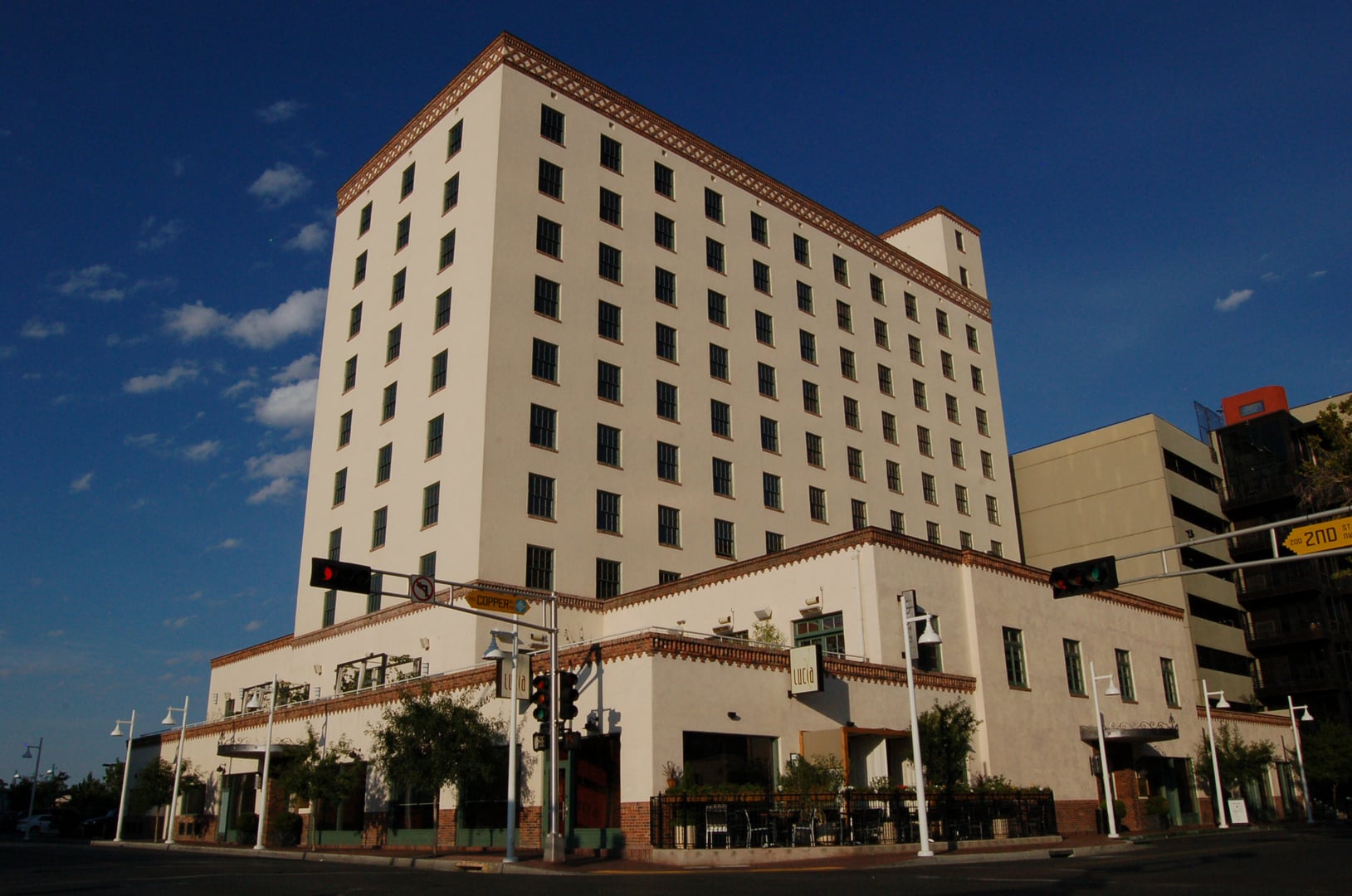 Hotel Andaluz, a ten-story 1939 Conrad Hilton-built historic hotel with New Mexico Territorial-style detailing in downtown Albuquerque