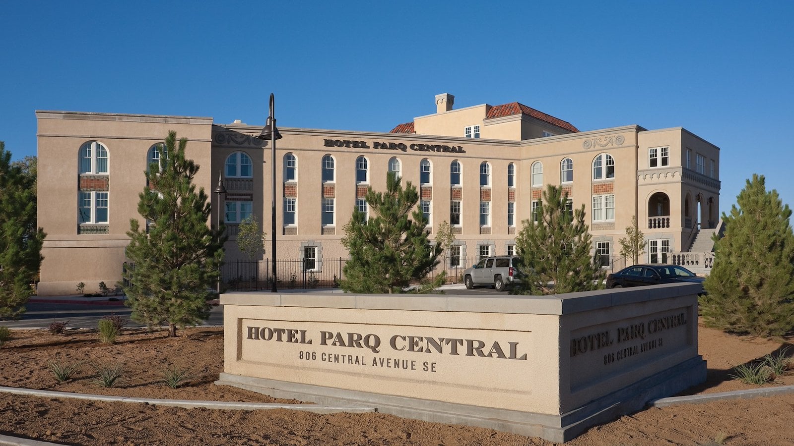 Spanish Mission-style facade of Hotel Parq Central in Albuquerque, the former 1926 AT&SF Memorial Hospital on Route 66.