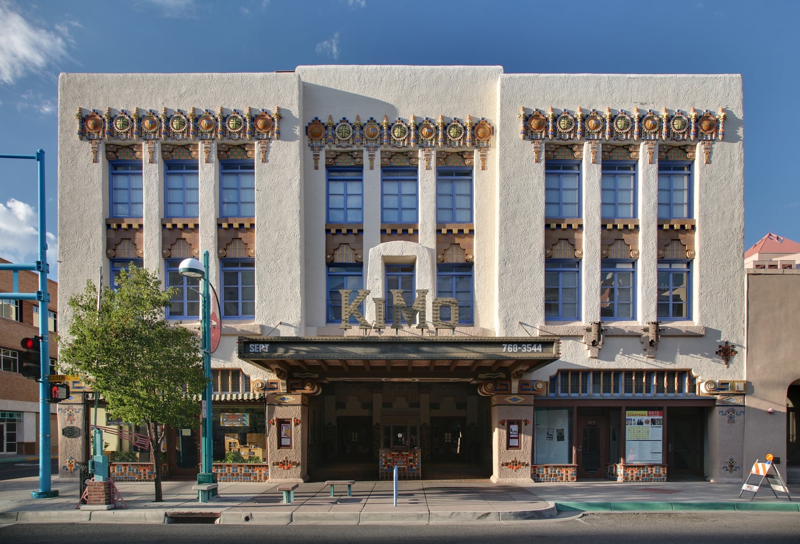 Pueblo Deco terracotta facade of the KiMo Theater on Central Avenue in downtown Albuquerque, New Mexico