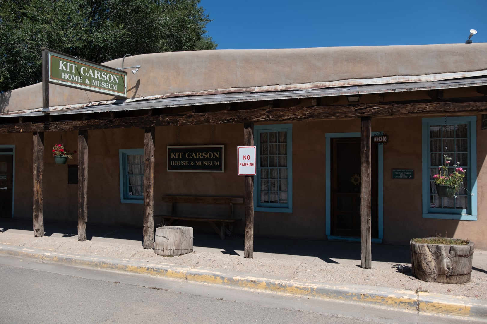 Adobe exterior of the Kit Carson Home and Museum in Taos, New Mexico