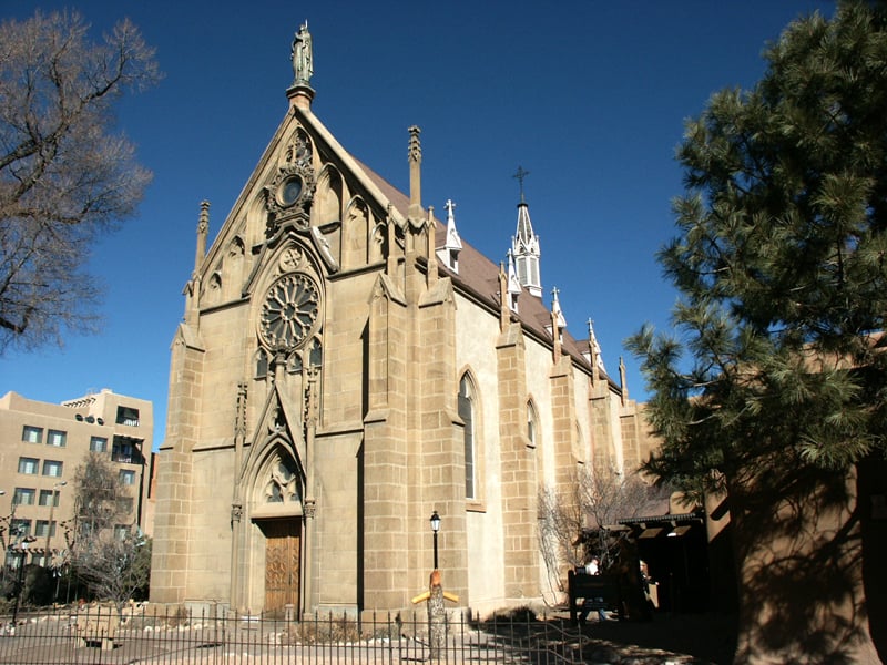 Gothic Revival exterior of Loretto Chapel in Santa Fe, New Mexico