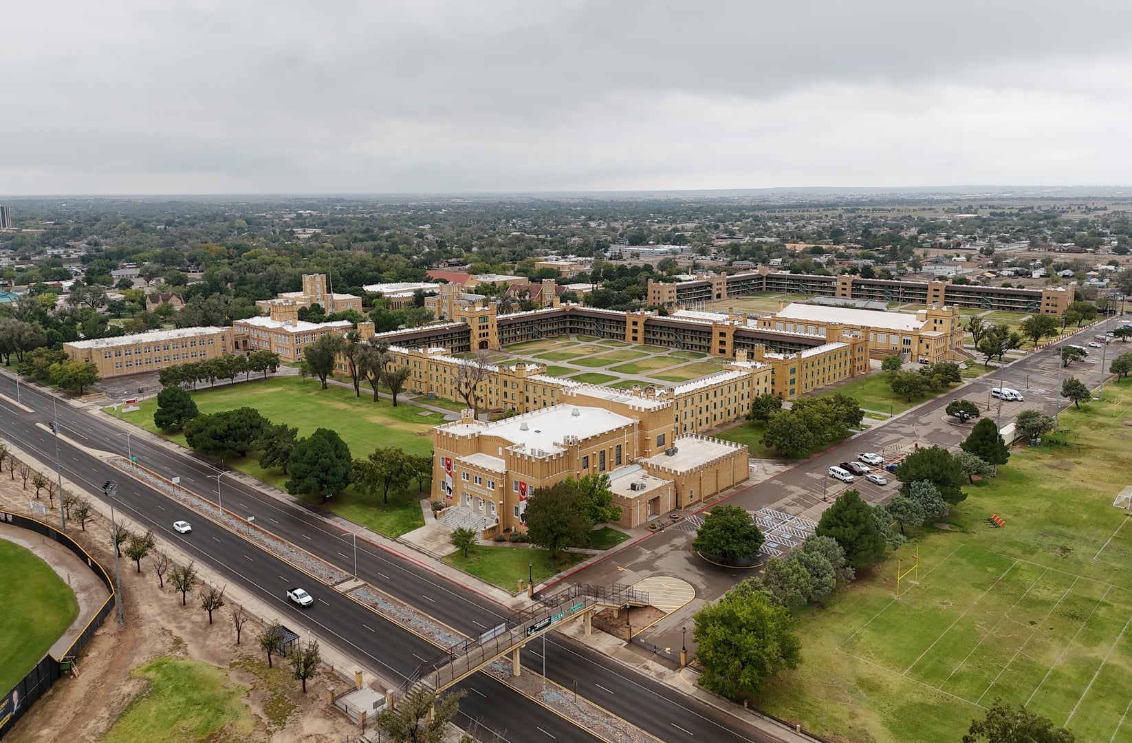 Stone Gothic Revival buildings on the New Mexico Military Institute campus in Roswell, New Mexico, photographed in 2024.