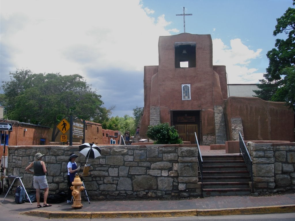 Adobe exterior of San Miguel Chapel, the oldest church, in Santa Fe, New Mexico