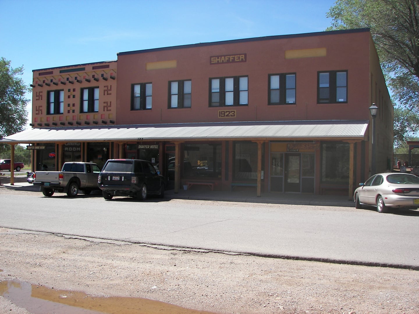The Shaffer Hotel, a 1923 Pueblo Deco building in downtown Mountainair, New Mexico