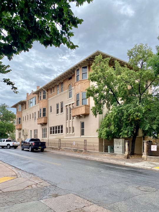 Exterior of Marian Hall, the historic former St. Vincent Sanitarium and Hospital in downtown Santa Fe, New Mexico.