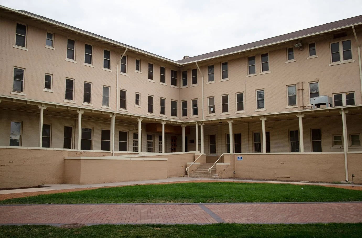 Exterior of Marian Hall, the historic former St. Vincent Sanitarium and Hospital in downtown Santa Fe, New Mexico, built 1910.
