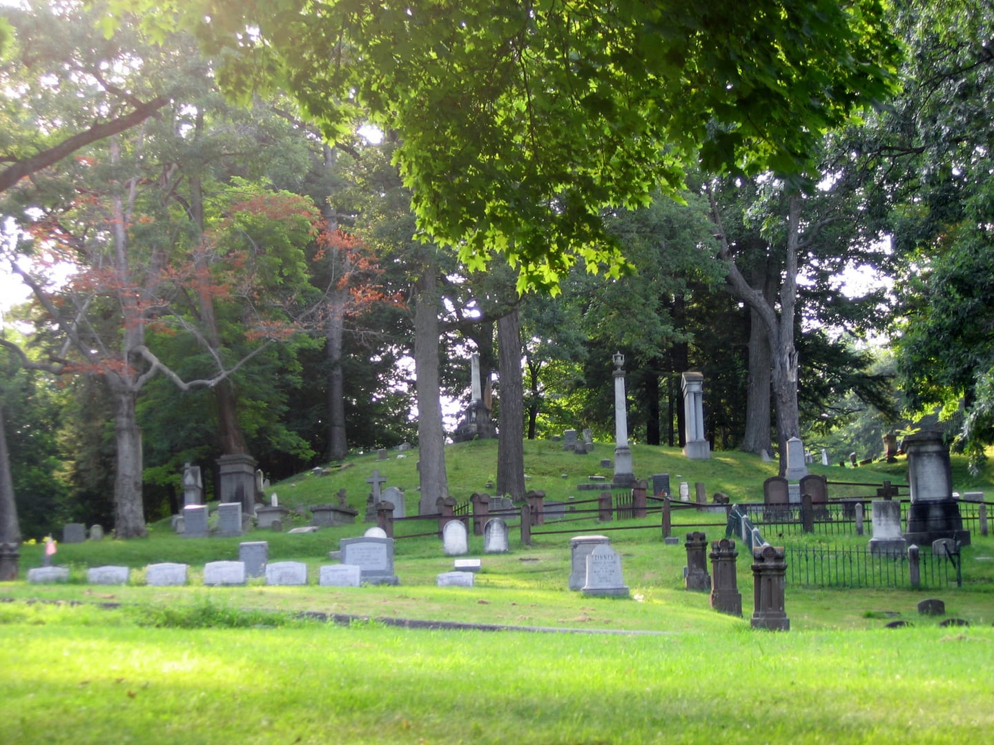 Victorian funerary monuments and rolling landscape at Albany Rural Cemetery in Menands