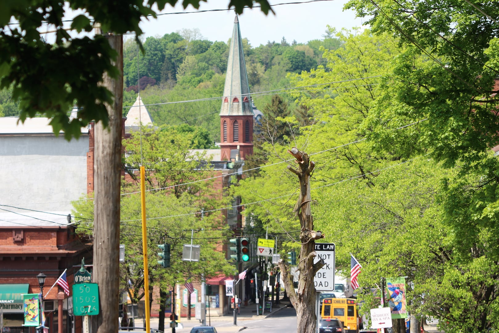Streetscape view of the village of Ballston Spa, New York, in Saratoga County, with historic downtown buildings.