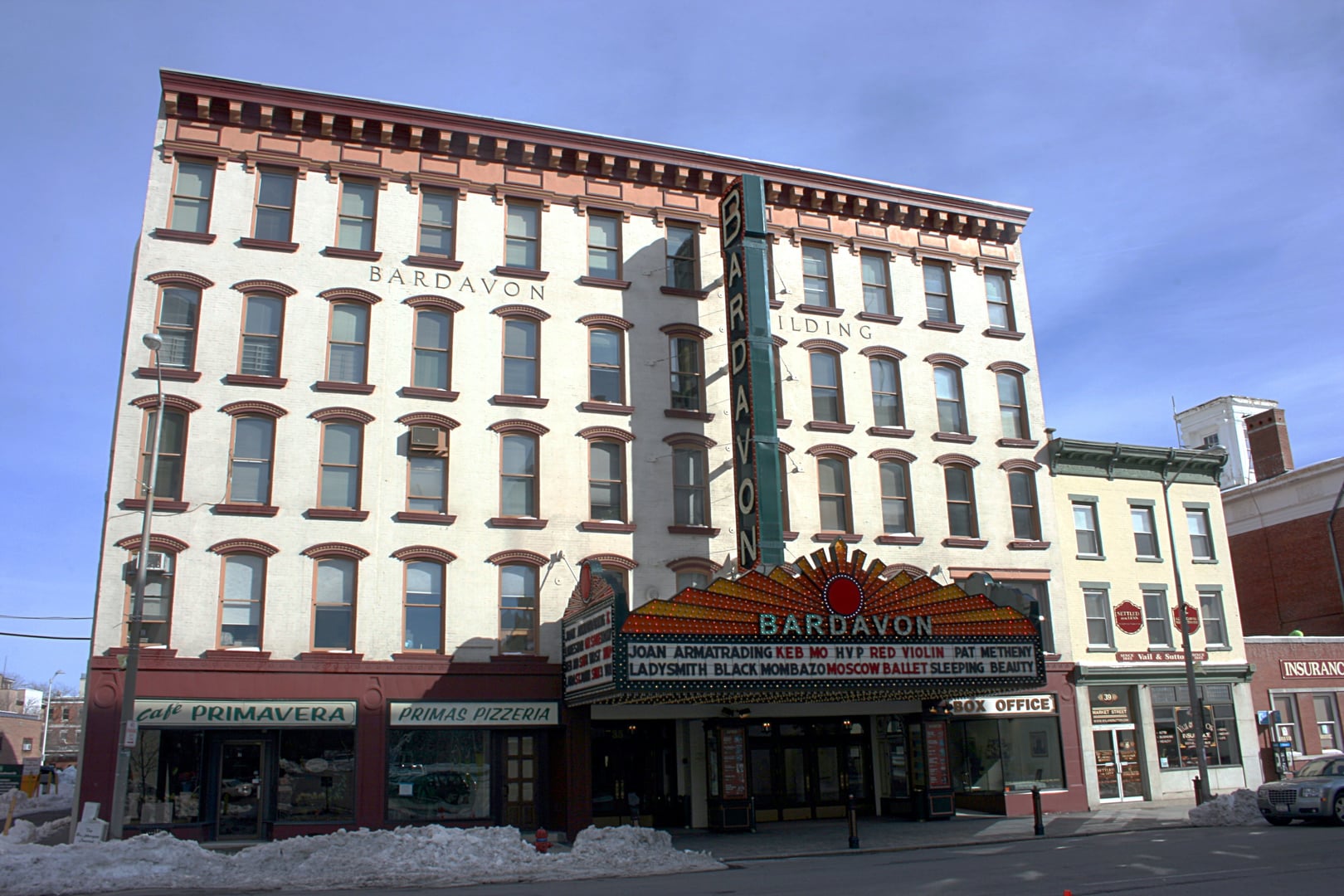 Brick facade and marquee of the Bardavon 1869 Opera House on Market Street in downtown Poughkeepsie, New York