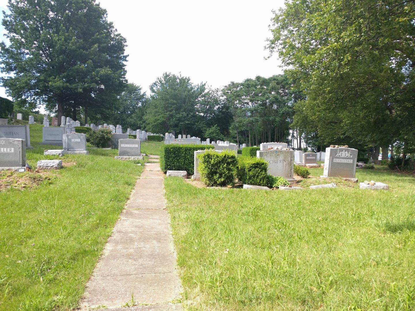 View north from Gate 3 of Baron Hirsch Cemetery in Graniteville, Staten Island, New York — a historic Jewish cemetery.