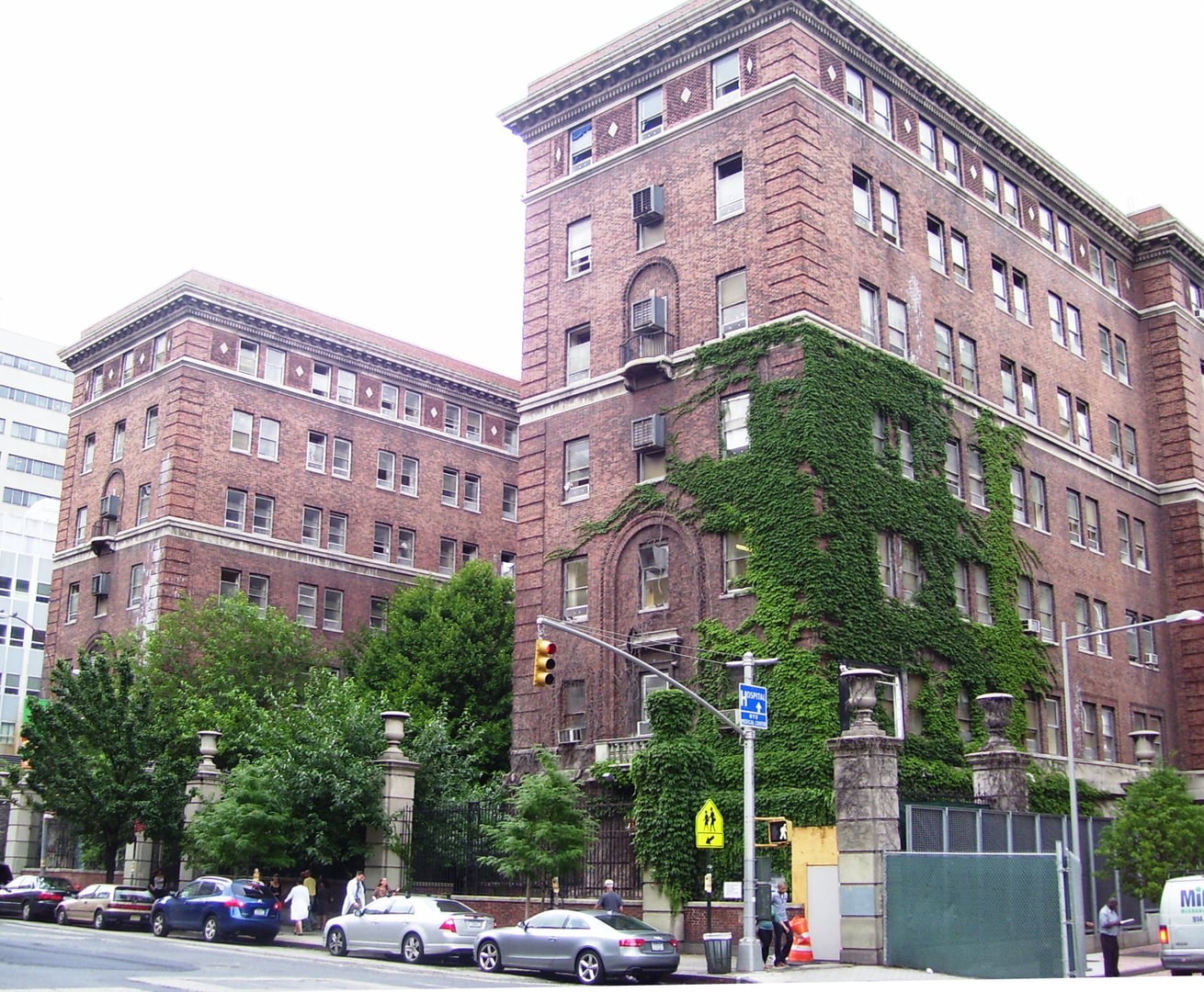 The 1931 Bellevue Psychiatric Hospital building on First Avenue in Kips Bay, Manhattan, surrounded by its original iron spiked fence