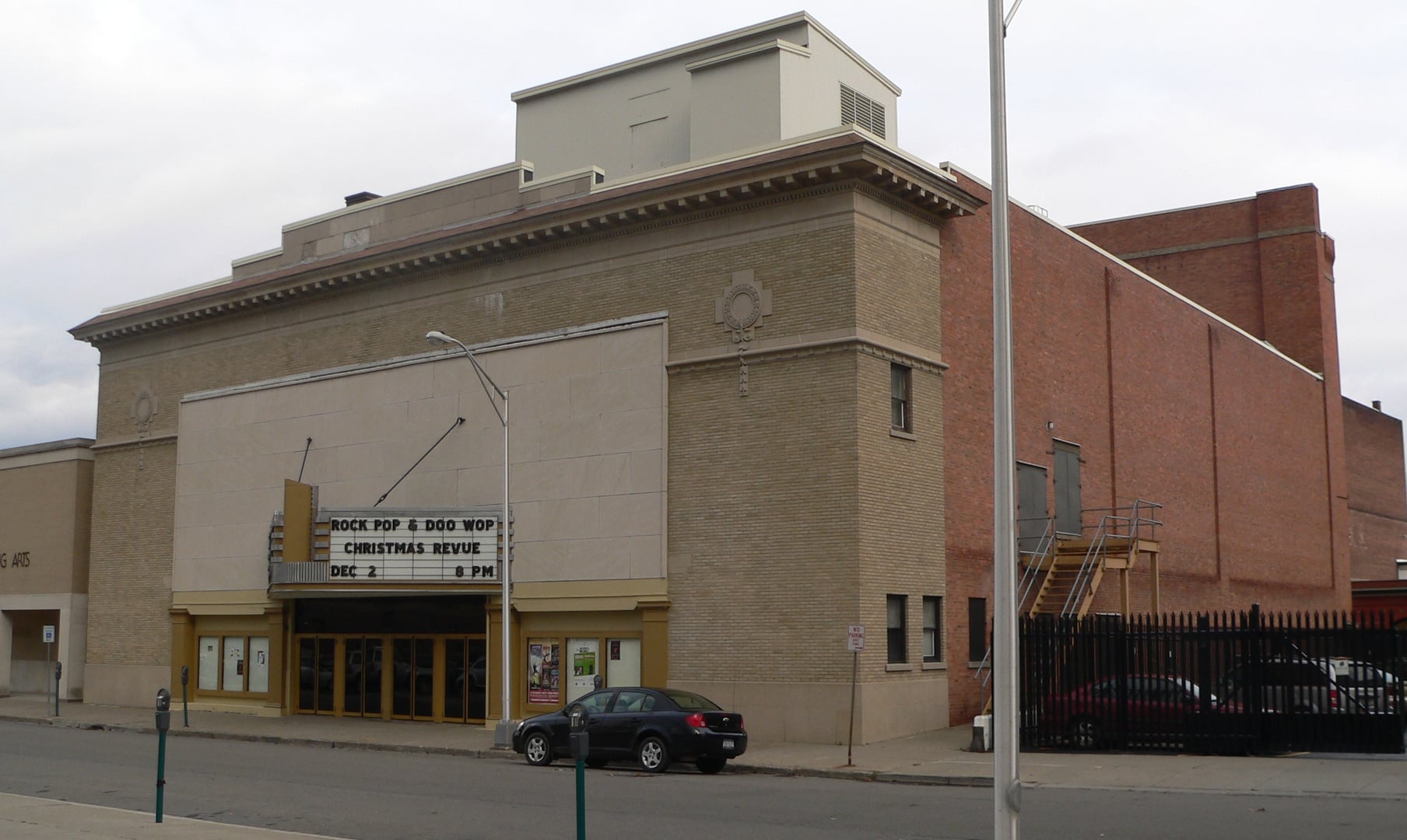 Brick and cast-stone facade of the Broome County Forum Theatre in downtown Binghamton, New York