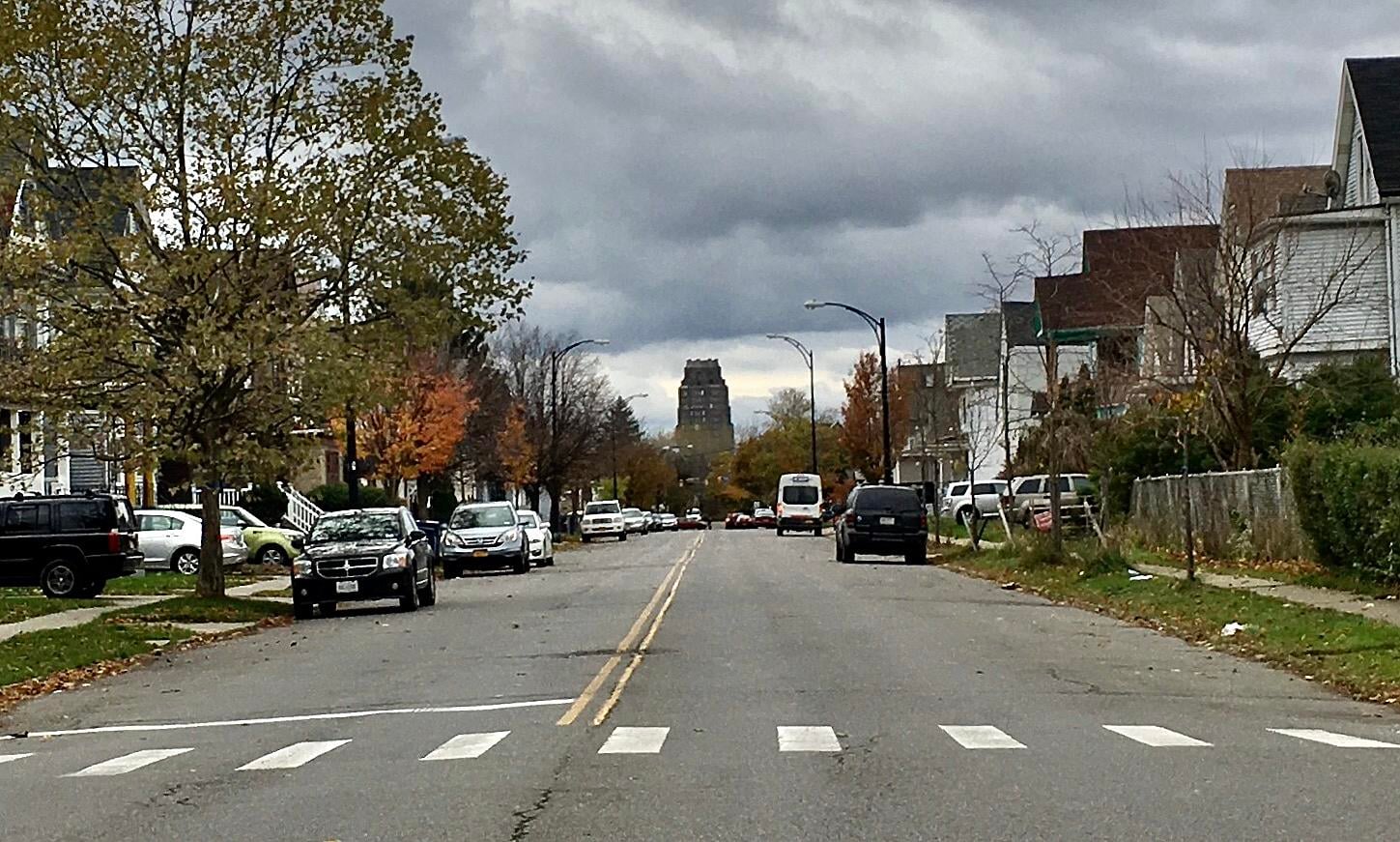 The 17-story 1929 Art Deco tower of Buffalo Central Terminal seen from East Lovejoy Street in the Broadway-Fillmore neighborhood
