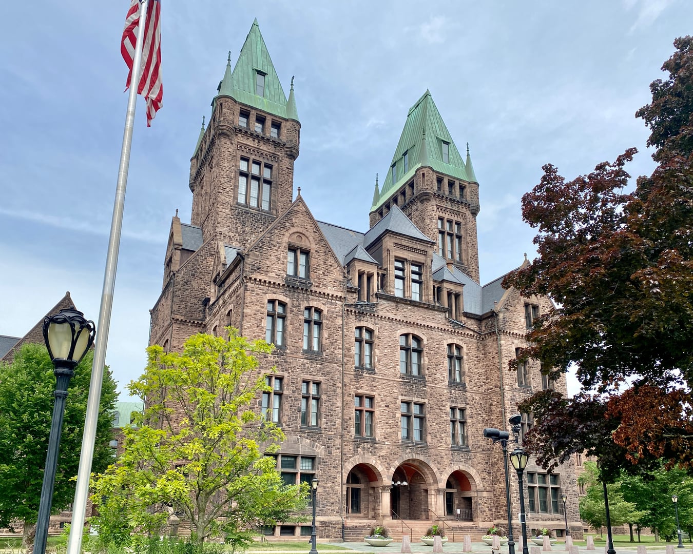Richardsonian Romanesque Central Wing of the former Buffalo State Asylum with twin towers in Buffalo NY
