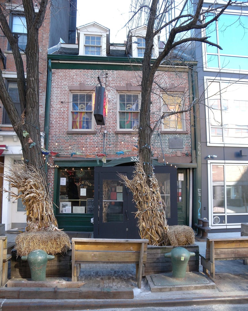 Exterior of the James Brown House at 326 Spring Street Manhattan, Federal-style 1817 townhouse housing The Ear Inn, photographed from street level