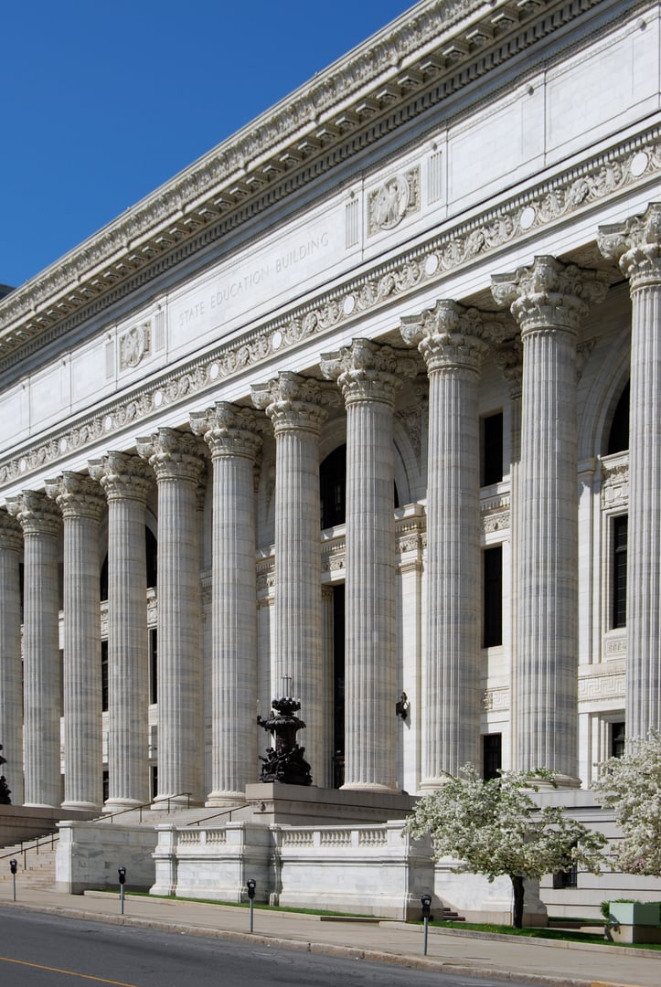 Colossal Corinthian colonnade fronting the 1912 New York State Education Building on Washington Avenue in Albany