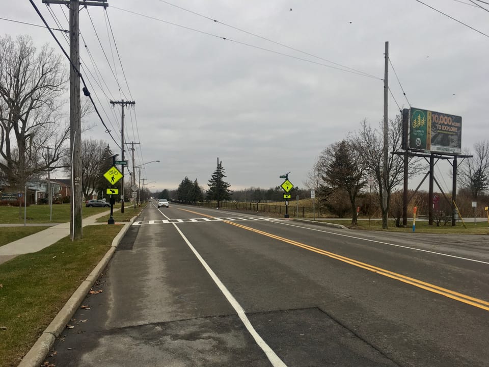 Looking west down Brighton Road from the intersection of the Tonawanda Rail Trail, Tonawanda, New York, 13th January 2020.