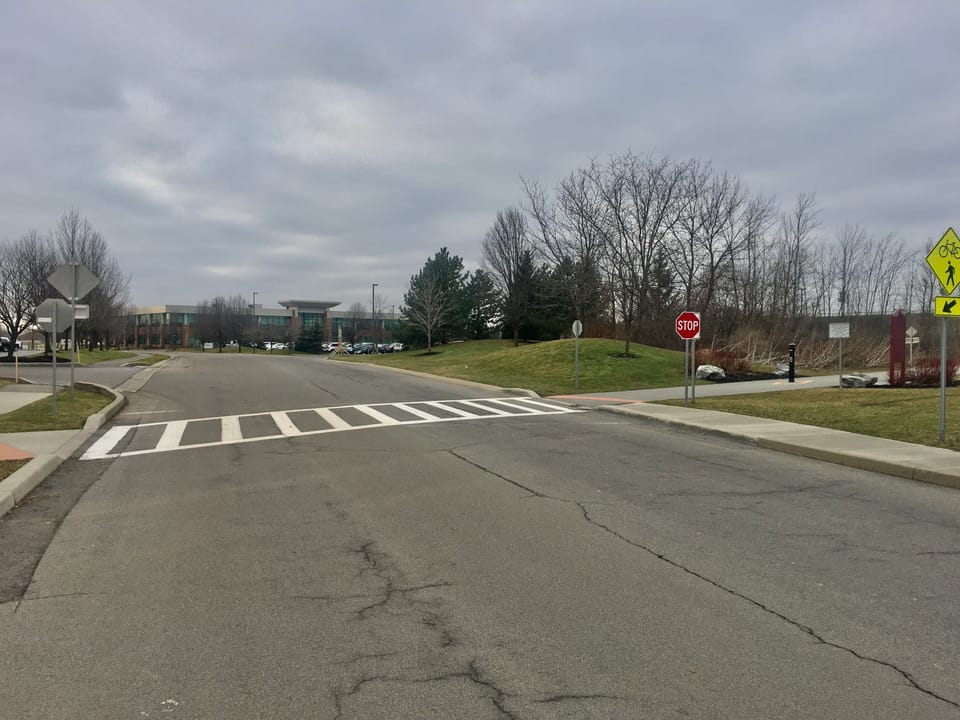 Looking west along Colvin Woods Parkway from the intersection of the Tonawanda Rail Trail, Tonawanda, New York, 15th January 2020.