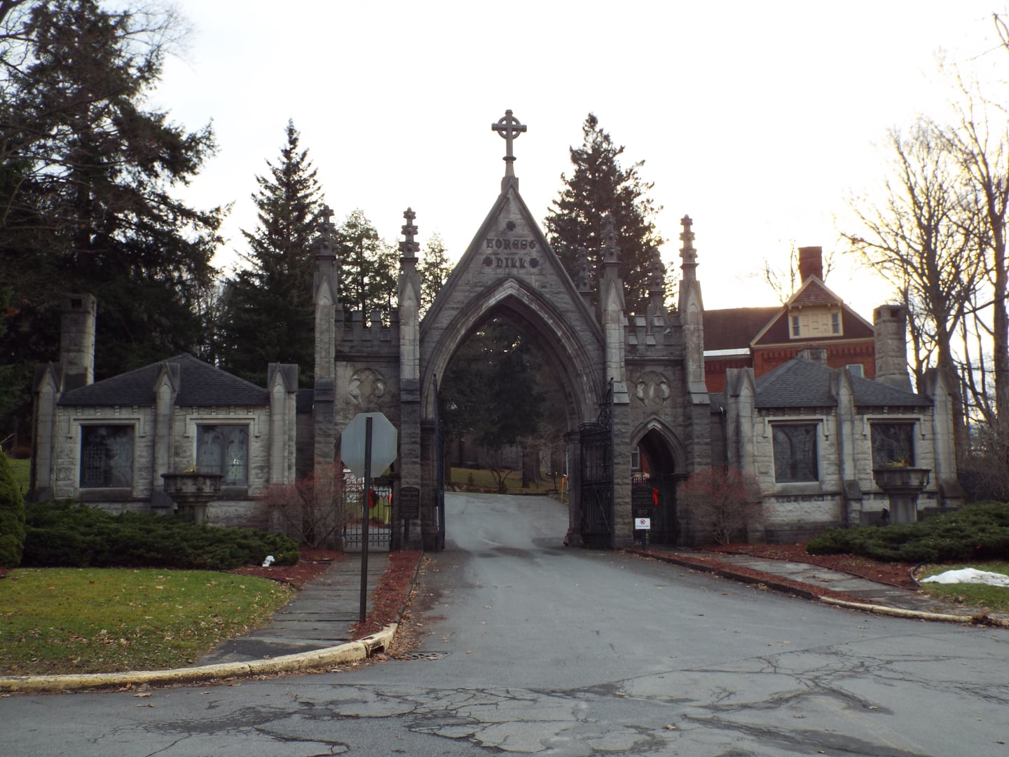 The Gothic Revival gatehouse at the entrance to Forest Hill Cemetery in Utica, New York