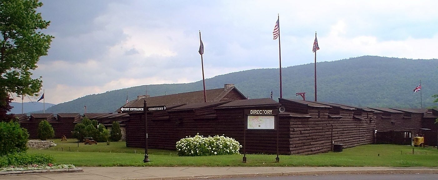 Reconstructed log-and-stone exterior of Fort William Henry at Lake George, New York