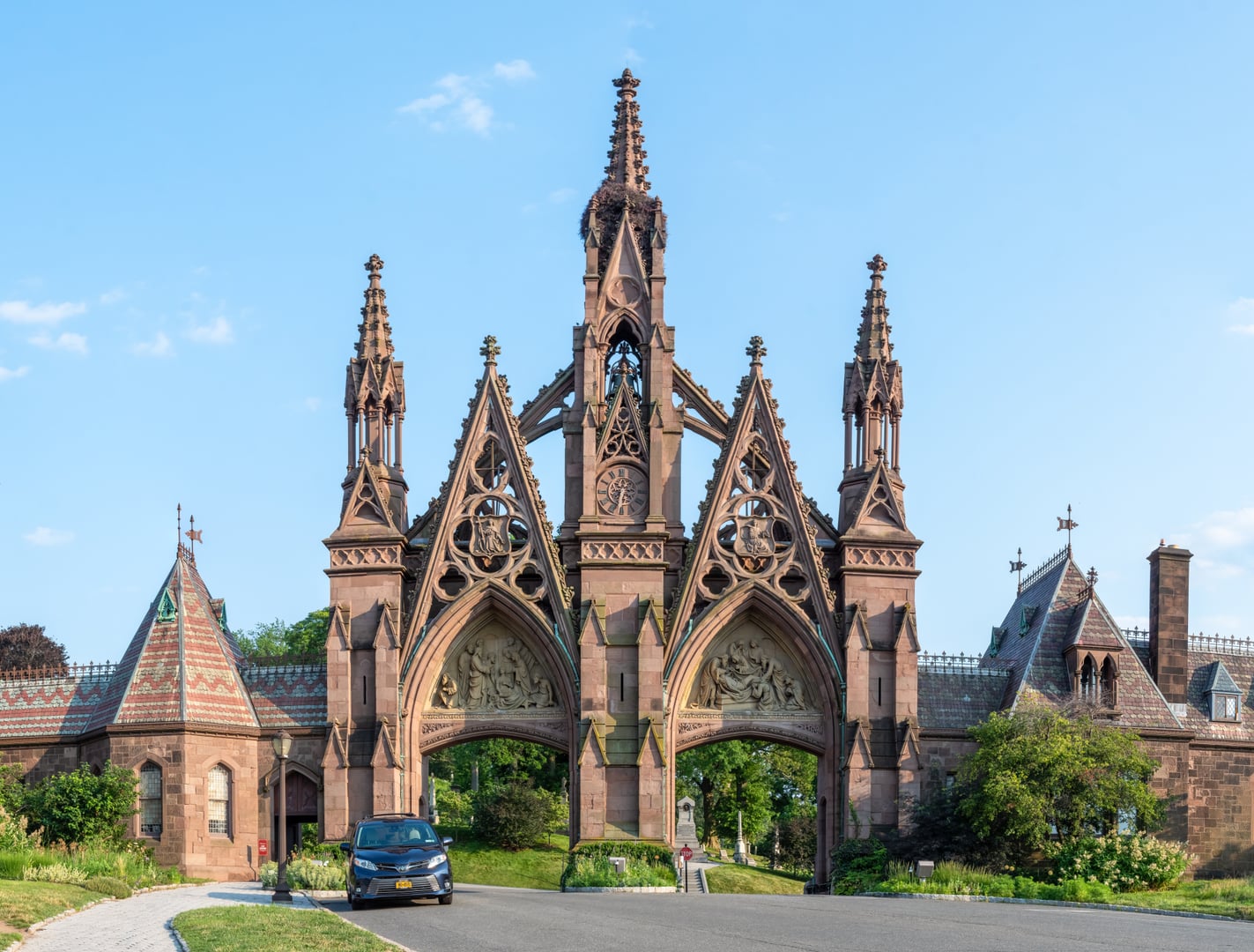 The Gothic Revival entrance gate of Green-Wood Cemetery on 25th Street in Brooklyn, New York