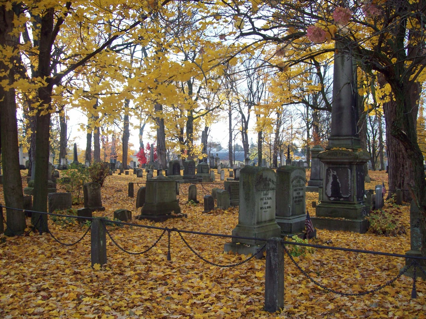 General view of Historic Batavia Cemetery on Harvester Avenue, Batavia, New York, showing tree-lined burial grounds and 19th-century monuments