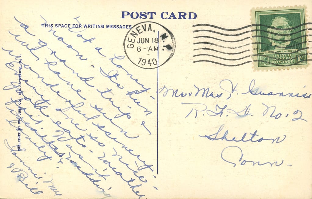 =====<u>Message</u>=====
<b>Text-in ink</b>:
&quot;Vot A honeymoon--It's been a grant trip and we have seen wonderful scenery. Everyone so nice--good eats--weather fair. Wasn't wedding lovely?
--Fannie Mae and Bill.&quot;

<b>Addressee</b>: 
Mr. and Mrs. S. Guanniss
R.F.D, No. 2
Shelton, Conn.

====