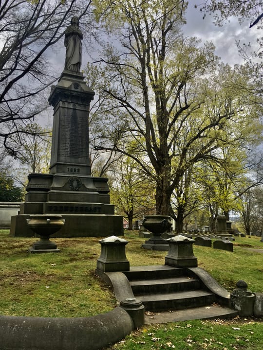 The gravesite of James Prendergast (1764-1846) at Lakeview Cemetery in Jamestown, New York, as seen in April 2021. The son of an Irish-born immigrant and a native of Dutchess County, New York, Prendergast came to Chautauqua County in 1806 and built a sawmill and dam on the Chadakoin River, around wh