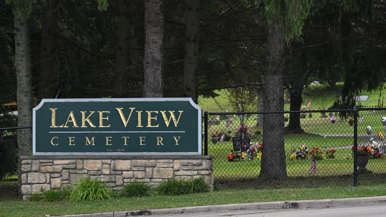 The sign on North Main Street in Jamestown, New York for Lake View Cemetery. 2805 North Main Street Extended, Jamestown, New York 14701.