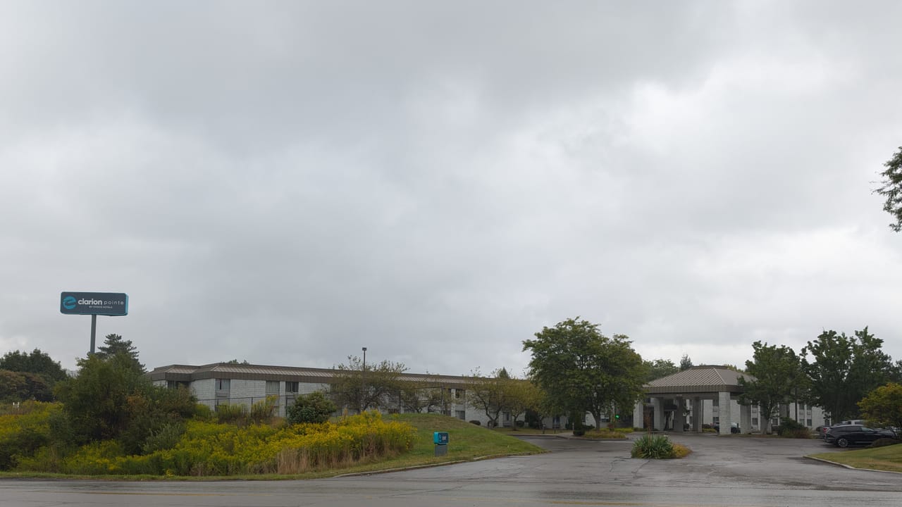 Clarion Pointe Jamestown - Falconer. As seen from the main road. A Choice Hotels brand. 2800 North Main Street Extension, Jamestown, New York 14701.