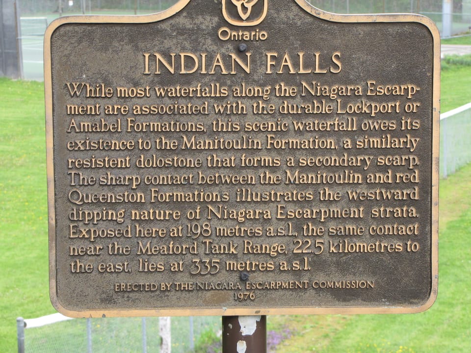 Historical plaque describing the history of Indian Falls, outside of Owen Sound