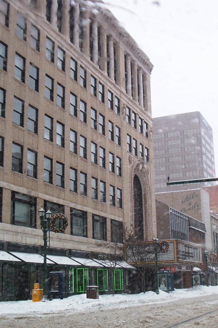 Exterior of Loew's State Theatre (now the Landmark Theatre) at 362 South Salina Street in downtown Syracuse, New York, on a snowy December afternoon