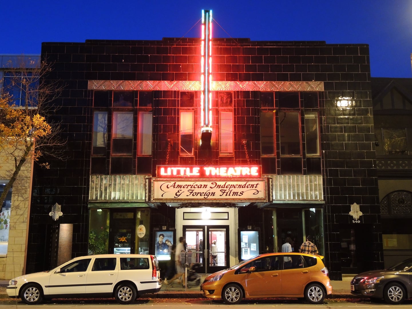 The Little Theatre historic Art Deco cinema marquee at night, Rochester, New York