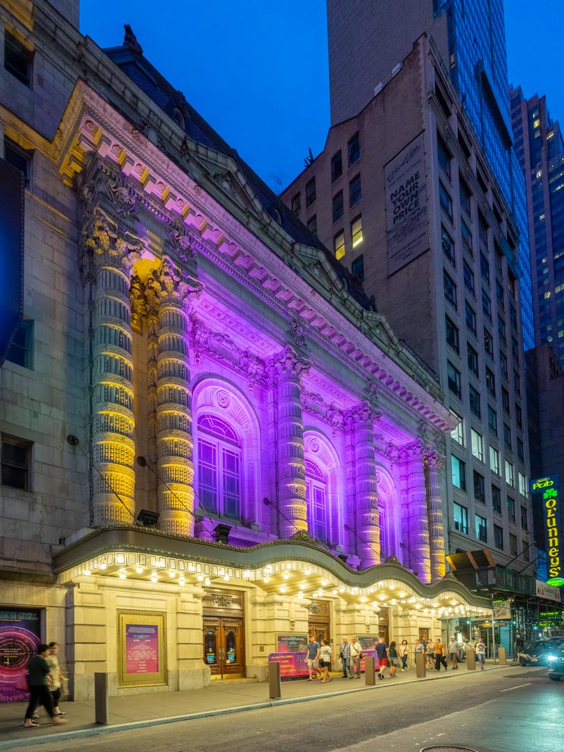 Beaux-Arts facade of the Lyceum Theatre at 149 West 45th Street in Midtown Manhattan, Broadway's oldest continuously operating legitimate theater.