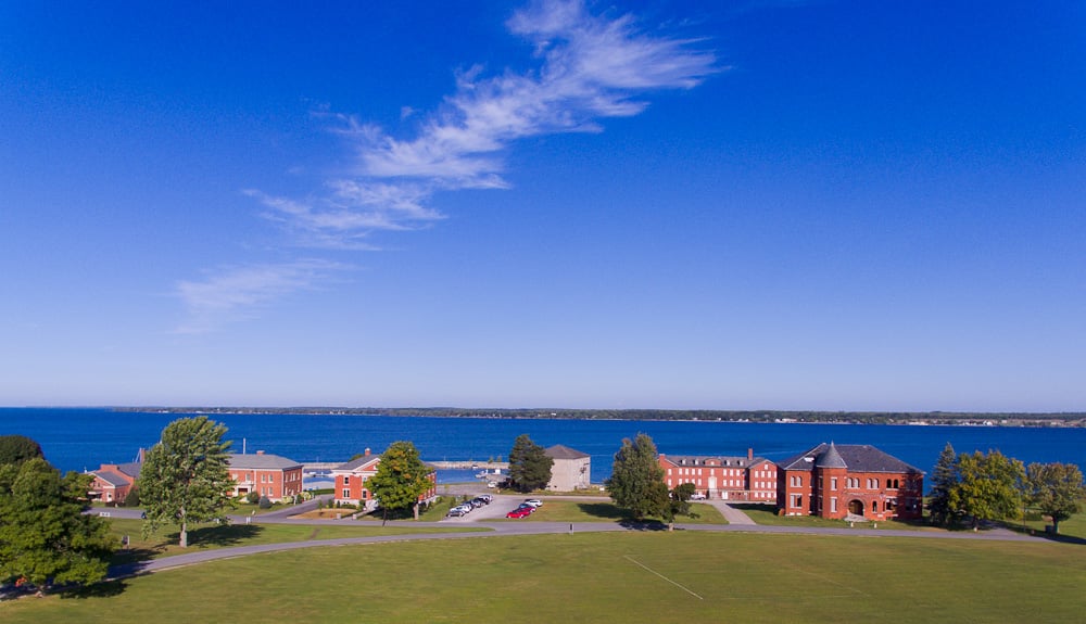Madison Barracks historic military complex aerial view in Sackets Harbor, New York