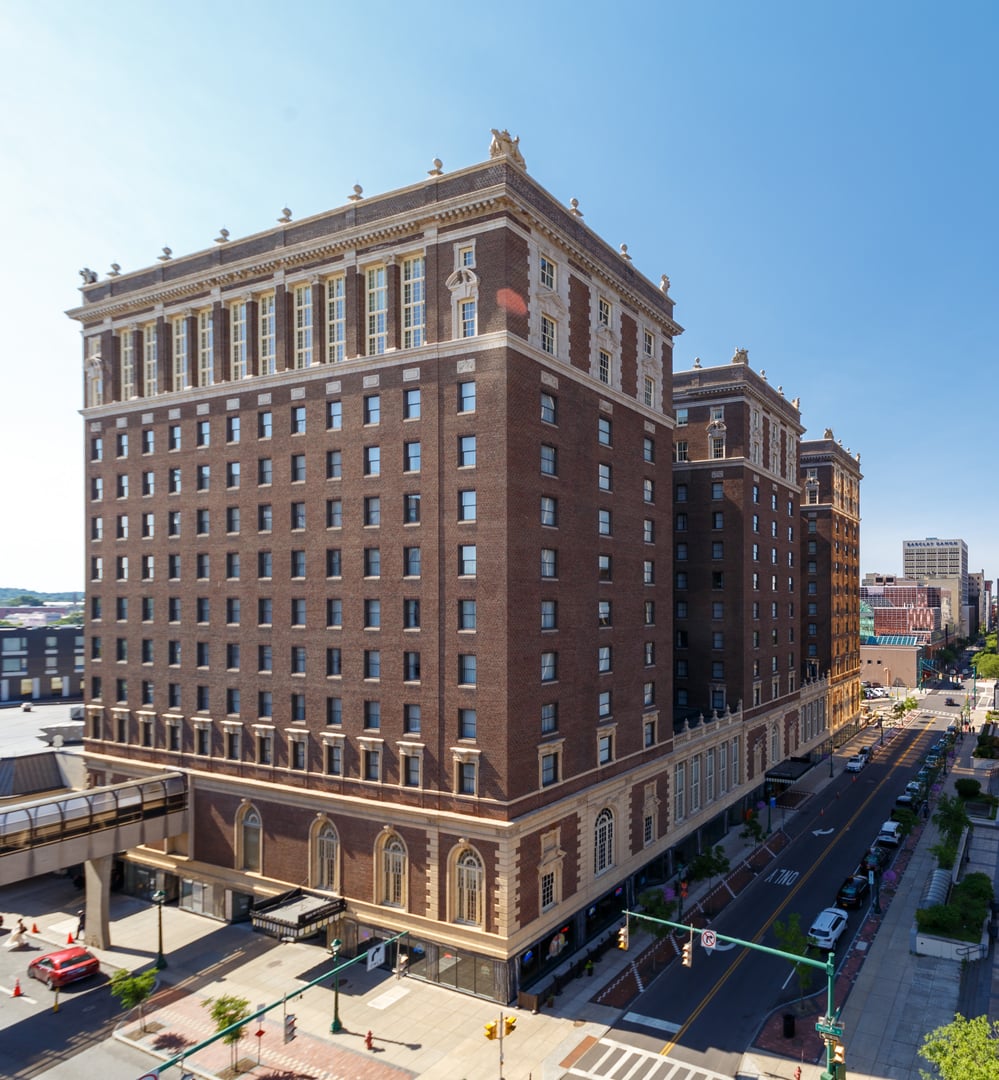 Marriott Syracuse Downtown historic 1924 hotel facade on East Onondaga Street