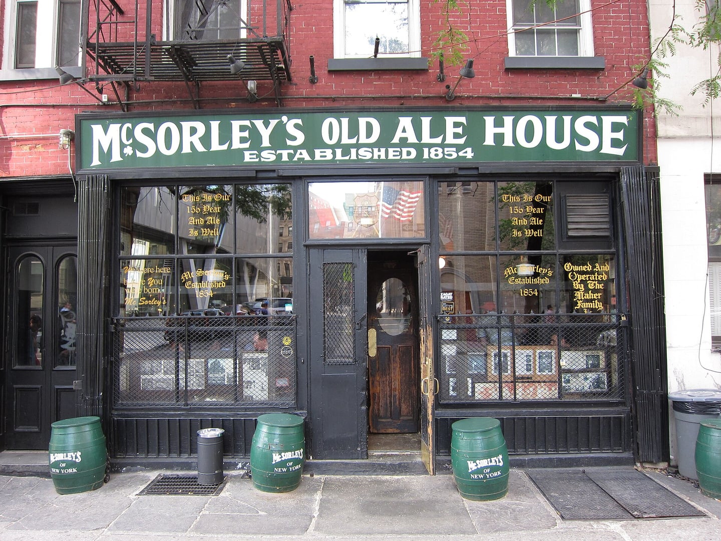 Exterior street view of McSorley's Old Ale House storefront at 15 East 7th Street in the East Village, Manhattan, New York City