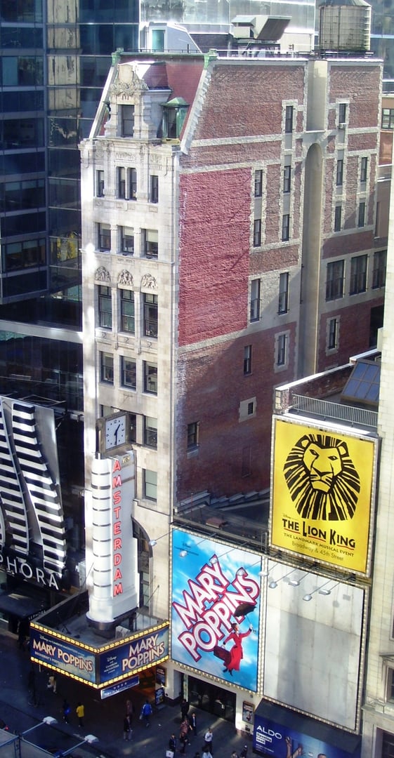 Facade of the historic New Amsterdam Theatre on 42nd Street in Manhattan, New York City