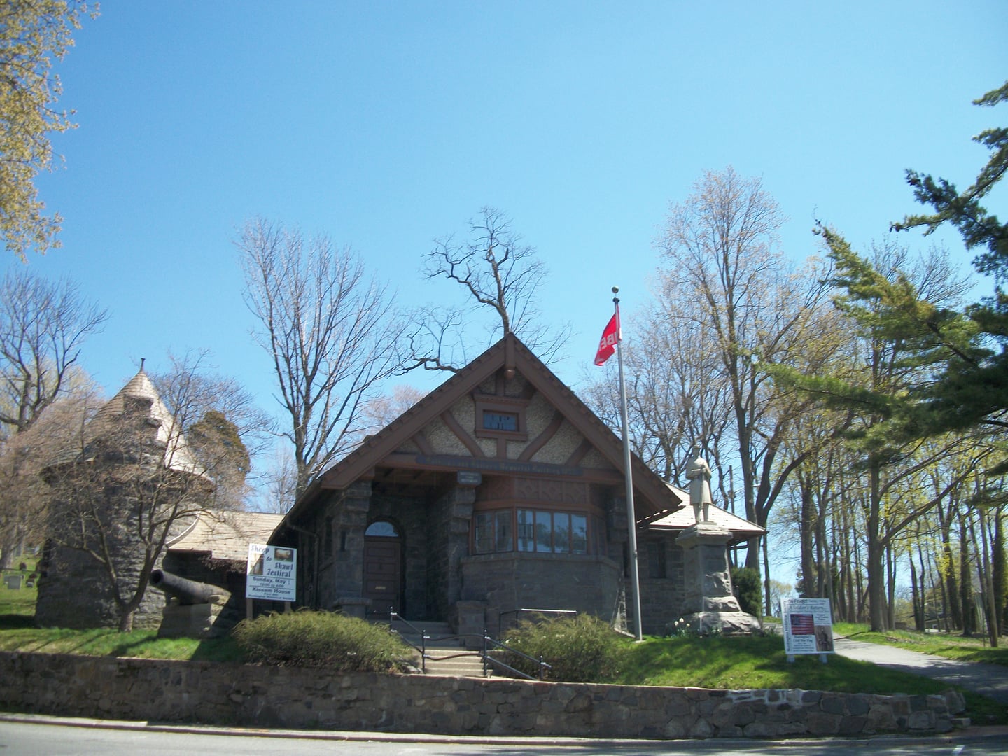 The Soldiers and Sailors Memorial Building at Fort Golgotha and the Old Burial Hill Cemetery in Huntington, New York
