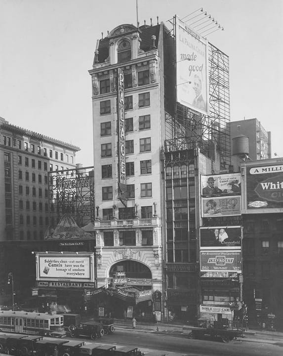 The Palace Theatre building rising above Seventh Avenue near Times Square, photographed around 1915, two years after it opened.